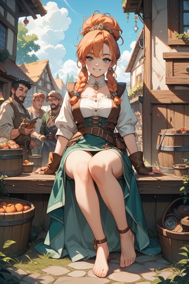 (masterpiece, best quality), female senior, sculpted, afro-caribbean, gray eyes, unique ears, round nose, receding chin, low cheekbones, rectangular face shape, , copper dutch braid hair, embarrassment wearing empire waist maxi dress, bardot top, ankle boots, cloche hat,, biting lip, biting the lower lip with a flirtatious expression, conveying playfulness and allure, enchanting forest lighting, a combination of moonlight and dappled light, adding a fairy-tale-like charm, a lively street fair, with food stalls, live music, and laughter