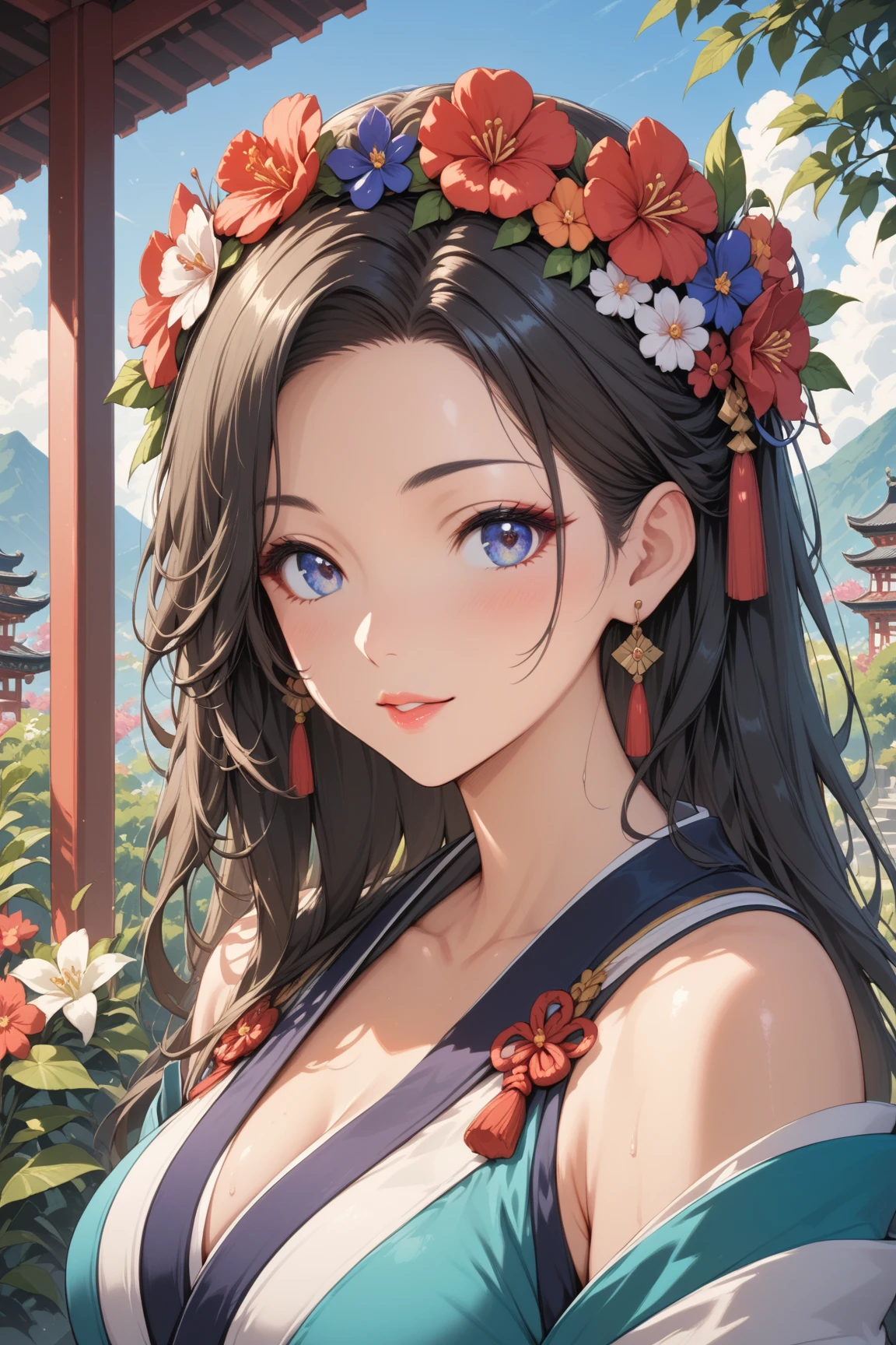 A fair and beautiful Indian girl with japanese face shape with blue eyes and brown hair 