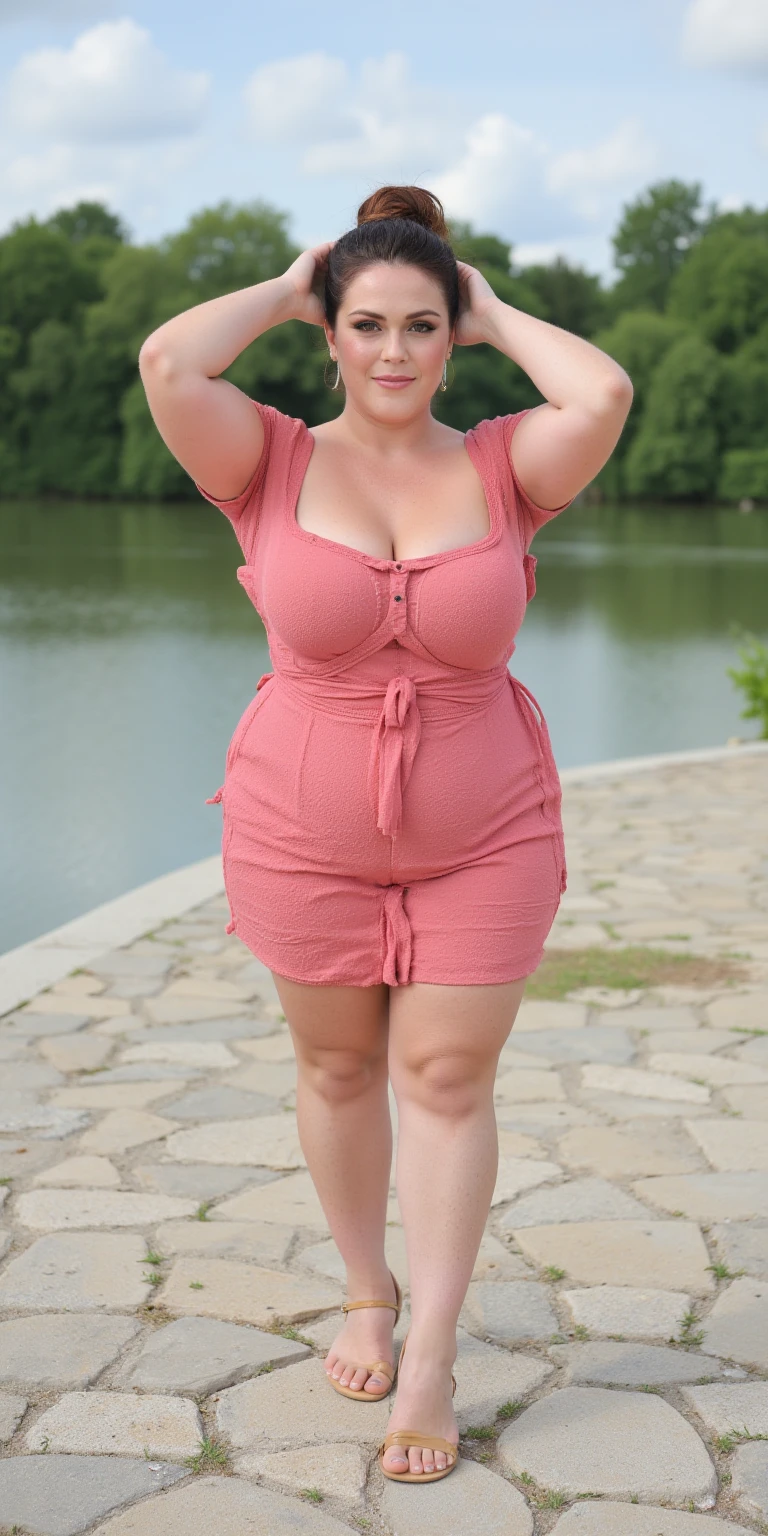 RAW, hyperrealistic, hyper-detailed, masterpiece, Ultra-realistic, ultra-detailed, (Best quality, high resolution), Beautiful korean woman in hijab, plump body, Big breasts, breast about to burst, Beautiful big eyes, moaning deliciousness, beautiful face, super excited face, screaming, laughing, thick thighs, beautiful big eyes, sweating, beautiful girl, detailed face, thick woman laying on rock, at watery swamp background, foggy weather, vintage, laying pose, wearing pink thin tight pastel strapless dress, highest quality, 8k