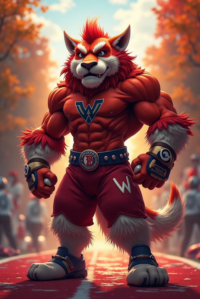 A muscular anthropomorphic rooster with red feathers, wearing a red and white football jersey with a football logo, posing against a transparent background