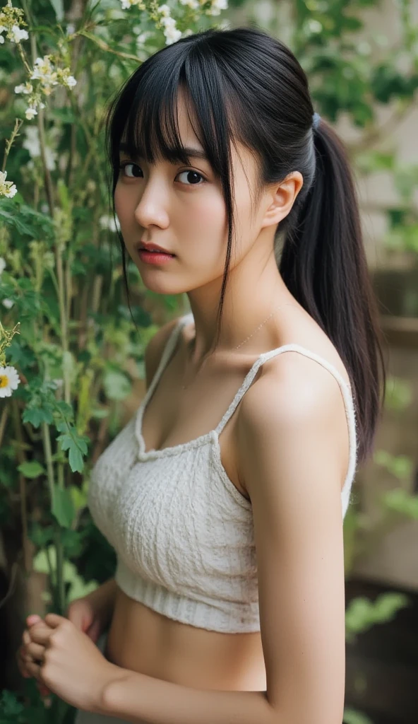 A Japanese lady, skinny figure, small breasts, extremely thin waist, beautiful face, beautiful eyes, natural make up, black straight hair, long hair, wearing a tight grey dress, looking back for a viewer, 1girl in, solo, detailed face and detailed eyes, detailed fingers and arms. Full body photo. Realistic, Photorealistic.
