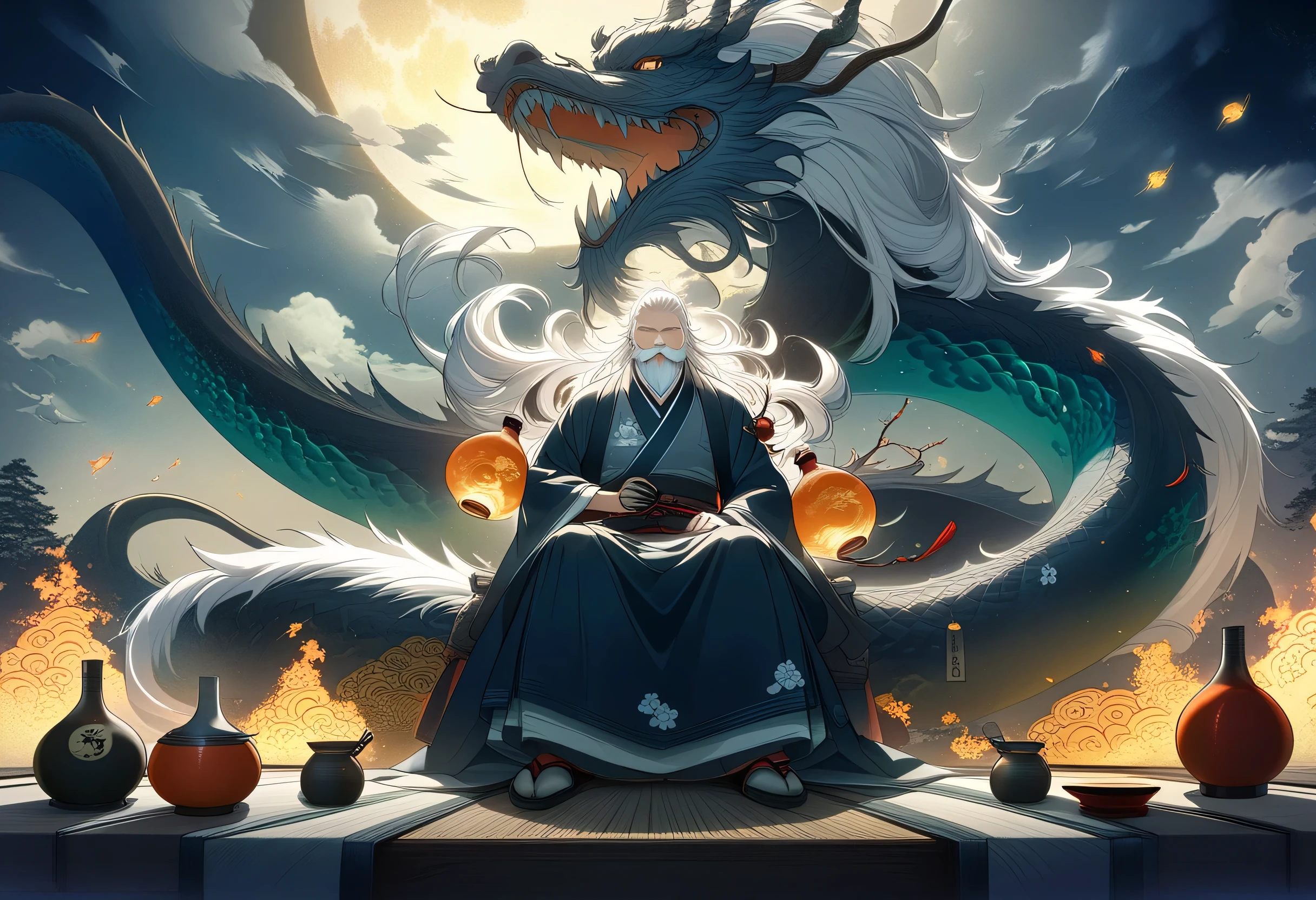 Score_9, score_8_up , score_7_up , source_anime, Detailed Images, masterpiece, absurdres, high resolution, composition with a small character at the right end, Donmn1gh7rXL night, Massive aquatic Chinese dragon, fantasy landscape, bonfire, ethereal fractal essence, flying nimbus, , dark theme, Moonlight, bioluminescence, (detailed 1 old male:1.1), masterpiece, best quality, great quality, (detailed old vagabond with white beard, white hair:1.3), detailed temder smile, closed eyes, (detailed white hair), (ancient Japanese cloth:1.1), red sakazuki, (drinking sake sitting from detailed Japanese calabash:1.4), ink painting style, (absurdres:1.2), (masterpiece:1.0),