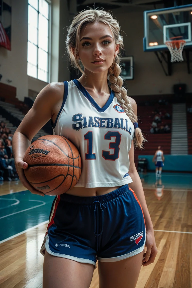 Female teenager with white hair up, blue eyes and white skin doing a dunk in basketball