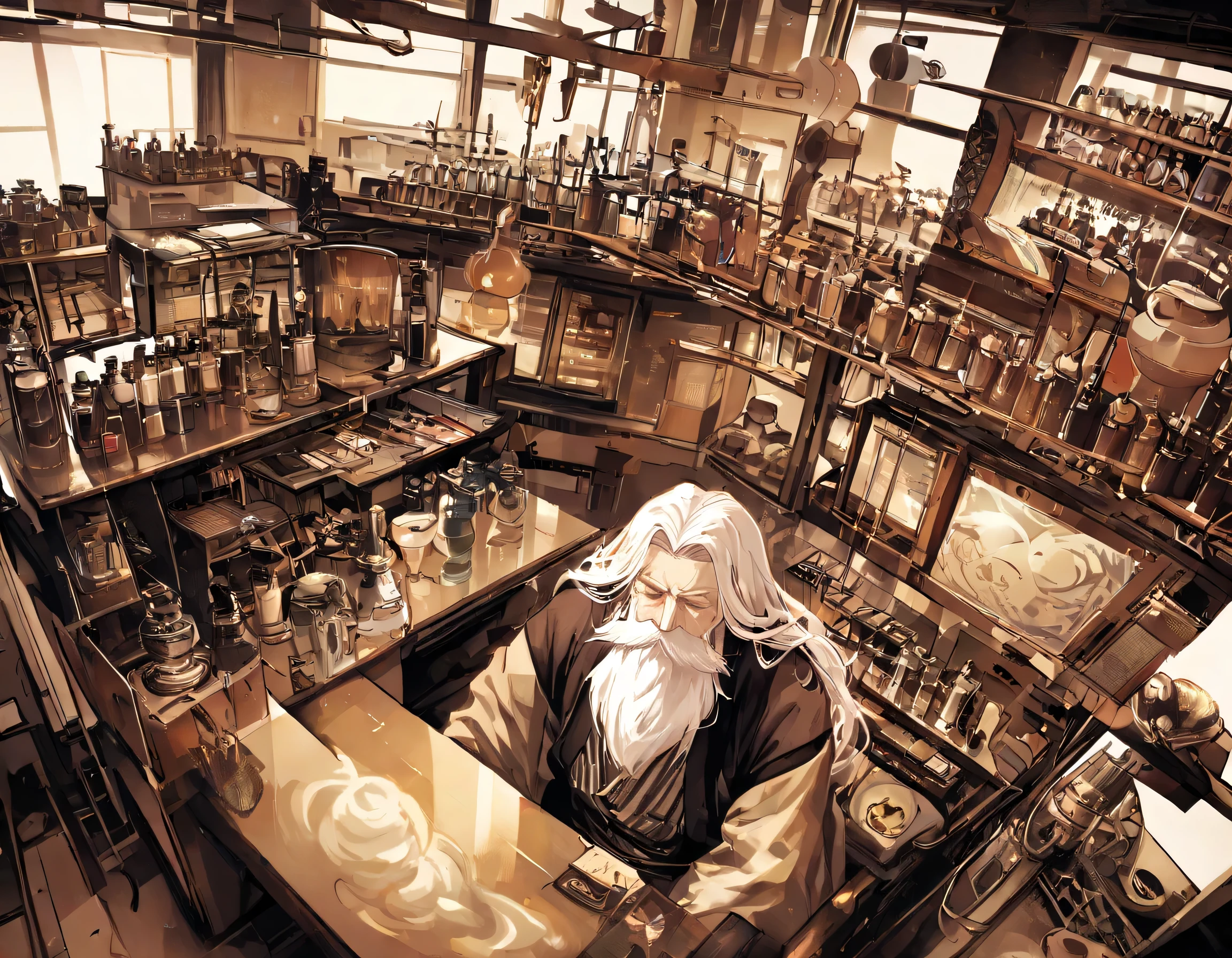 Score_9, score_8_up , score_7_up , source_anime, Detailed Images, masterpiece, absurdres, high resolution, Composition with a small character on the right edge and a background spread out on the left, (beautiful clean simple laboratory with few materials:1.0), indoors, few bottle, 1chair, 2shelf, 1monitor, (detailed 1 old male:1.1), masterpiece, best quality, great quality, (detailed old vagabond with white beard, white hair:1.3), detailed temder smile, closed eyes, (detailed white hair), (ancient Japanese cloth:1.1), red sakazuki, (drinking sake sitting at laboratory, Flying Nimbus:1.2), ink painting style, (sepia color:1.3), dynamic angle, (sake in bottle gourd Calabash in his hand), (absurdres:1.2), (masterpiece:1.0),