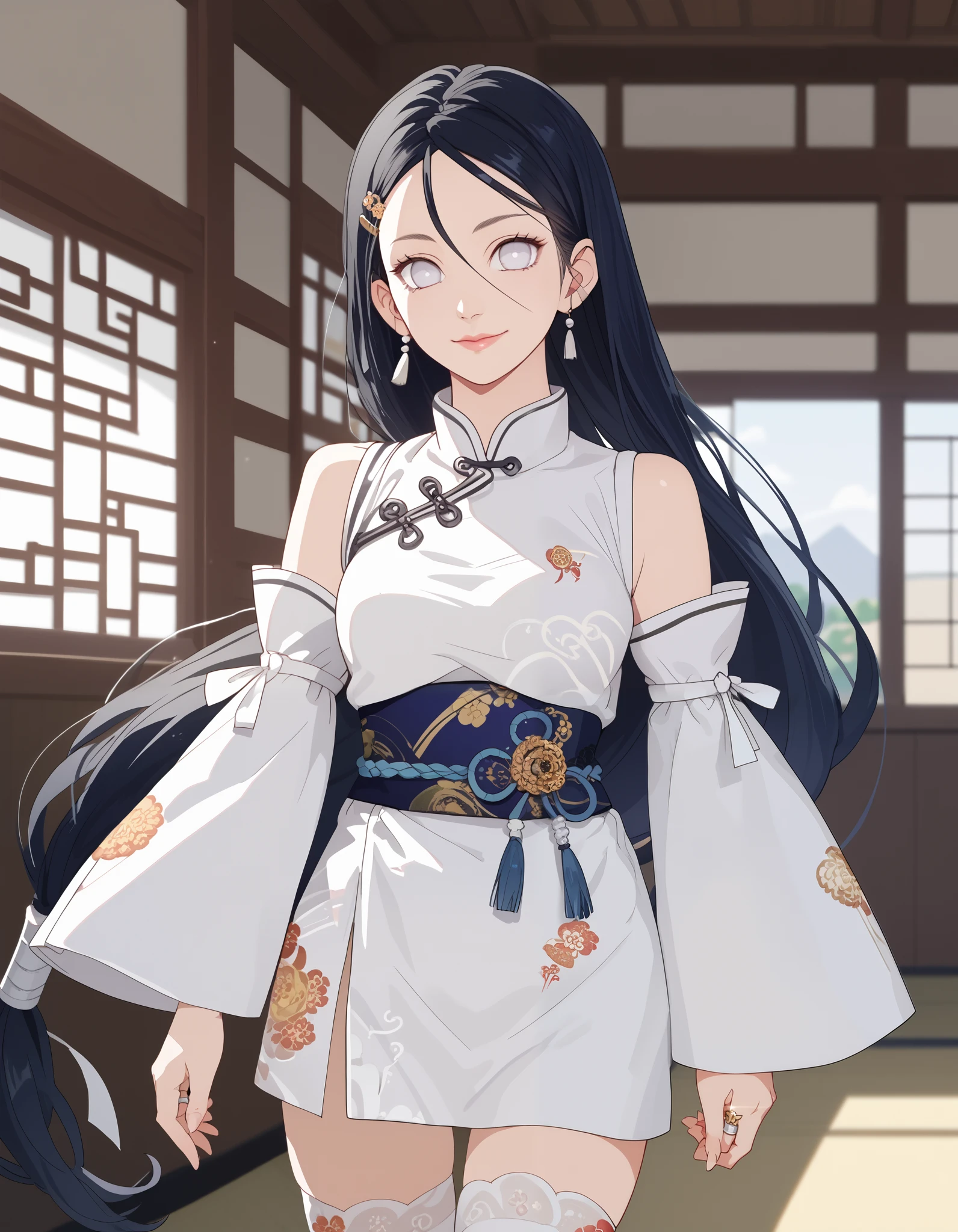 score_9, score_8_up, score_7_up, source_anime, anime_screencap, solo, 1girl, white eyes, big eyes, lips, smile, closed mouth, dark blue hair, very long hair, low-tied hair, white clothes, gray details, chinese style, curtained hair, detached sleeves, jewelry, golden ring, finger ring, cowboy shot, bird print, dojo, hairclip, medium breasts, ribbon thigh, white thighhighs, sidelocks