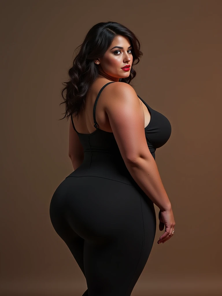 A very beautiful bbw girl with big tits and ass with a narrow waist. Dress in very tight and provocative clothing.