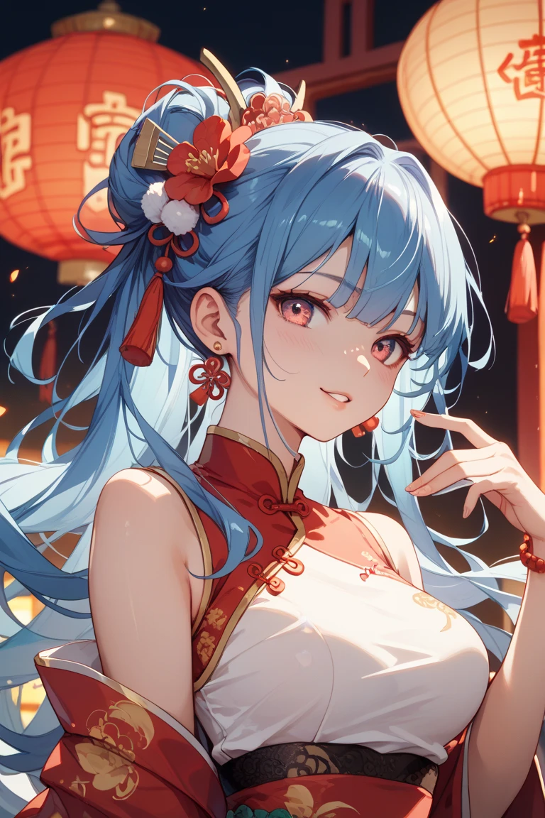 High resolution, 1 female, hip up, beautiful eyes, Ring-shaped eyes, jewelry, tattoo, Hanfu, chinese fairy, taoist uniform、cleavage、smile、