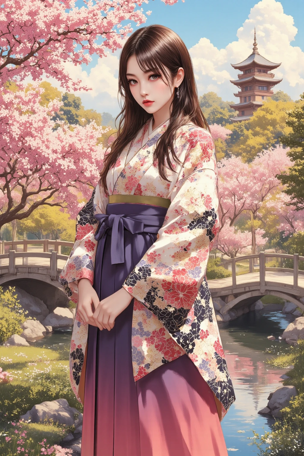 Quiet Japanese garden、Woman in a Hakama 、sparkling detailed black eyes、 dark hair、long hair、moist lips、cherry blossoms in full bloom、Pedestrian bridge、Pagoda、Ukiyo-e style、Hokusai inspiration、8k、complicated and detailed、pastel color schemes、Golden Hour、peaceful、quiet atmosphere、 ink art、best quality、masterpiece:1.4、high definition、isometric drawing