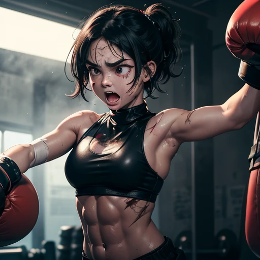 a japanese female streetfighter is beated down in the backstreet. She is glaring at the opponent. She has the will to fight. A bloodied and bruised female fighter is trying to stand from down. She has a lot of punches from the male fighter. she has big pain. she is damaged terribry. Short-cut black hair, out of breath, drooling from mouth, exhausted, drenched in sweat. Erect nipples, open finger glove, Whittled waistline, muscular, six-pack abs, Ragged tanktop, denimshorts