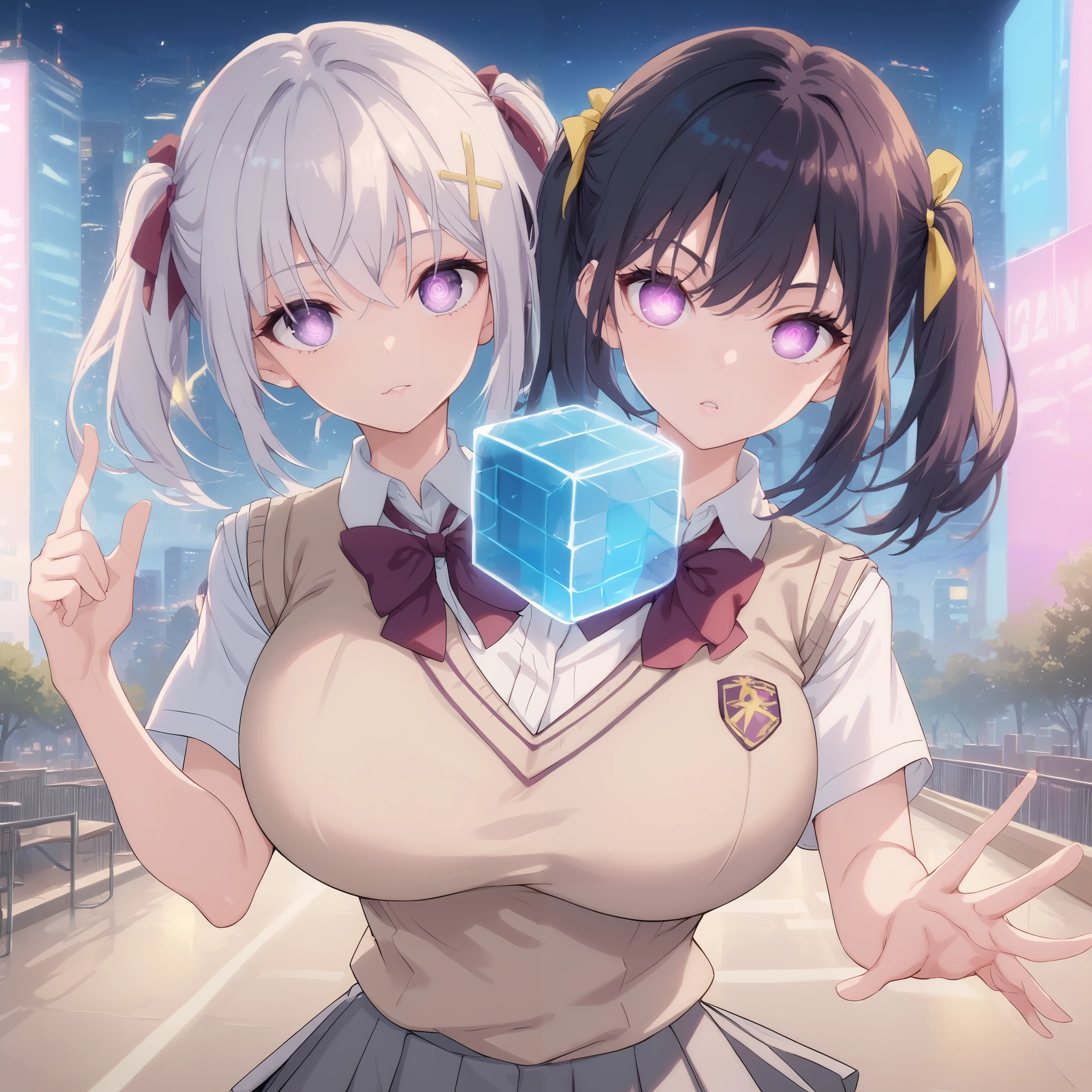 conjoined, 2girls, 2heads, two heads, a tall thin girls with 2 heads, x hair ornament, hair ribbon, white hair, black hair, white short hair, black twintails, purple eyes, large breasts, front shots, skirt, shirt, school uniform, white shirt, short sleeves, pleated skirt, grey skirt, sweater vest, tokiwadai school uniform, city, night, glowing eye, Cube floating on hand, purple glowing cube, Holding up one hand, one cube,