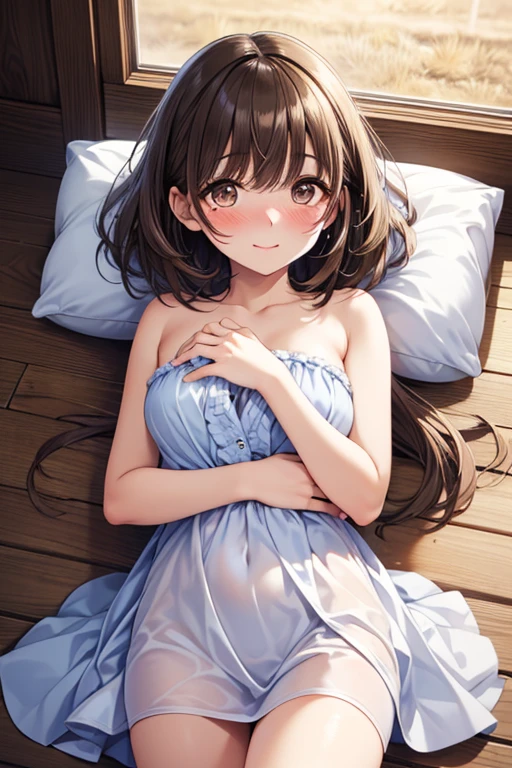 Asahi illuminates the room, beautiful girl, ((Lying on the bed in the bedroom)), (smile, Red cheeks), white camisole,(Delicate lace), Slender body, (( Mid-chest)), (Highest quality), (Highly detailed skin),Medium Hair, (Smooth Hair, Thin Hair, Very Thin Hair, ), (My bangs get wet, Hair on the sheets), (Beautiful girls), Detailed eyes,(Droopy eyes:1.2), Delicate and beautiful face, Exquisite detail, Highest quality, 8k, Gentle sunlight, An air of silence , (Asahi), Painting the world with a gentle glow, White wall, (White sheets) , Morning Silence, (Calm morning air), Peaceful Expressions, Embarrassed face, Lying in bed, (Very cute look, Coquettish), (Shooting from above), ((Red cheeks))