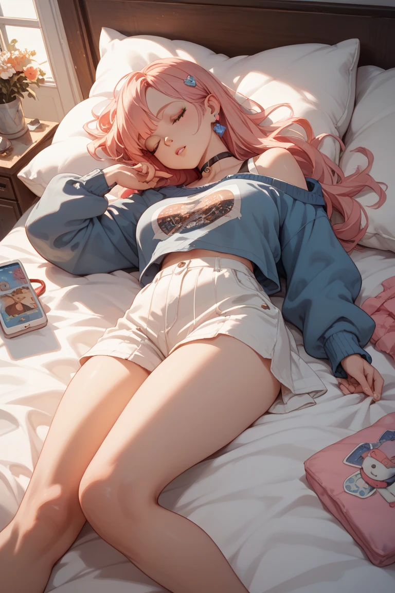 Sleeping girl,22 岁,PhotoRealistic,She wears a short skirt,Wear sexy pajamas,Pink Hair。