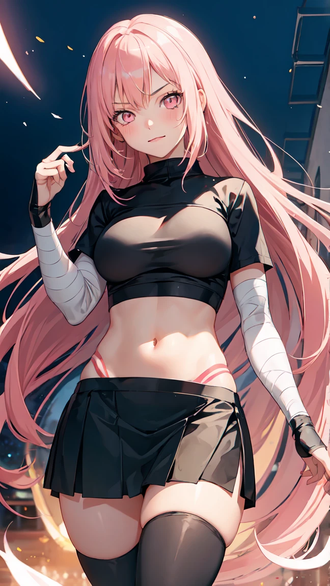 1girl,20s,(mature female),long hair, pink hair,red eye,elf ears,medium breasts,cleavage,black shirt,black shorts,short sleeves,no background,:o,