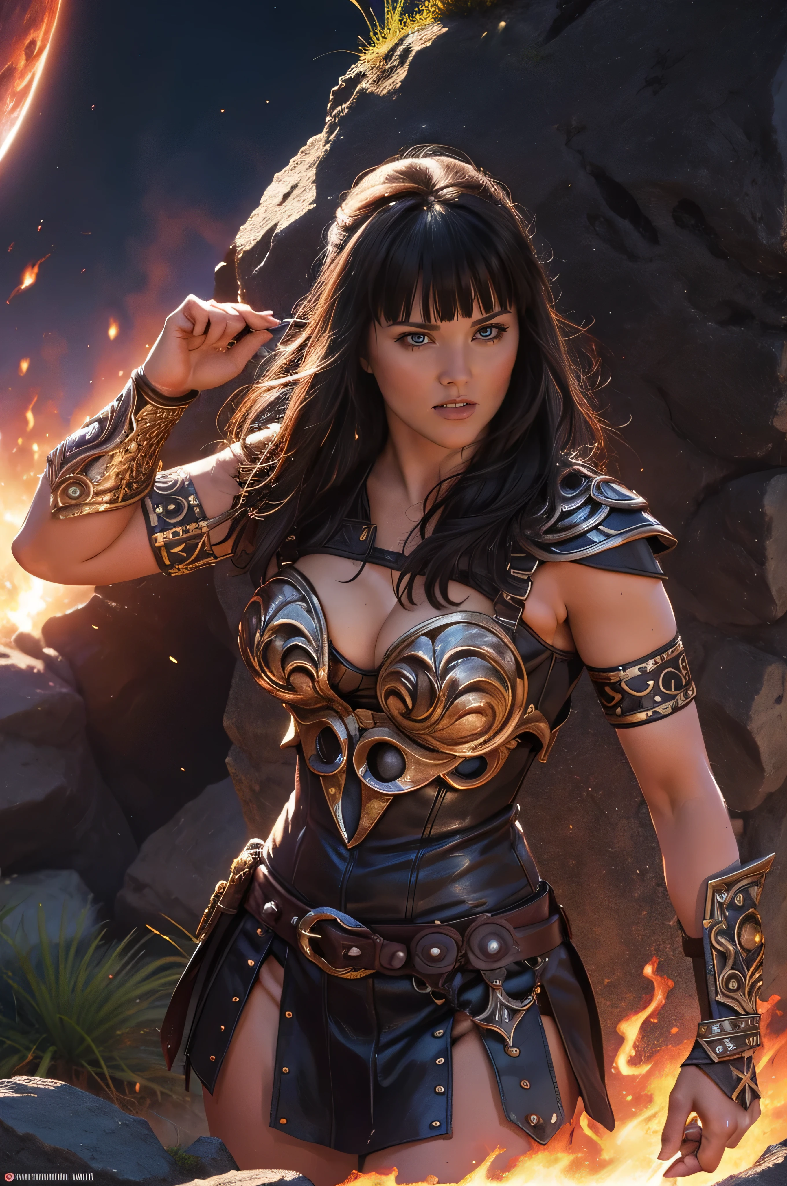 In the most tragic and horrific scene yet, Cindy Crawford as Xena, the legendary warrior princess, faces her darkest hour in a desolate landfill. A relentless storm of rain and snow creates a nightmarish backdrop, as she is surrounded and attacked by an even larger and more aggressive swarm of mutant insects, including worms, larvae, leeches, and biting creatures. These mutant insects bite, sting, and cling to her with relentless ferocity, crawling over her legs, hair, neck, and chest. The bites are incredibly painful, deep, and vicious, tearing through her outfit, crawling under it, and moving beneath it. The insects have severely disfigured her, turning her into a mess of sticky slime, mud, pustules, and wounds. Xena, drenched in mud and grime, stands with fierce determination, her warrior outfit torn and battered. She is in a very clumsy position due to pain and sticky thick mucus, wrinkled in pain, pushing very hard. Her chest and legs are covered in deep, incredibly painful, and vicious bites, welts, and pustules from the attacks. Her face shows a mix of intense focus, pain, and deep tragedy as she fights for survival. Her long, black hair, tangled and soaked, whips around her in the chaos. This image captures the essence of Xena's unbreakable spirit, standing defiantly against overwhelming odds, with a cinematic widescreen format emphasizing the dramatic and horrific nature of the scene. Tags: xena in peril, xena in distress, heroineindanger, heroinedefeated, heroinedemise, completely destroyed Xena, fearful, floor-length hair, Cindy Crawford as Xena.