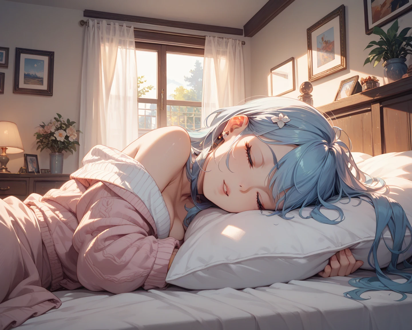 A cute cat sleeping on a bed at midnight, in a cozy room with soft moonlight streaming through the window. The cat is curled up comfortably, with its eyes closed and a peaceful expression. The bed has a fluffy blanket and pillows, creating a warm and inviting atmosphere. The room is softly lit, with gentle shadows adding depth and a serene ambiance. Anime style, detailed fur, expressive features, vibrant colors, and smooth lines.
