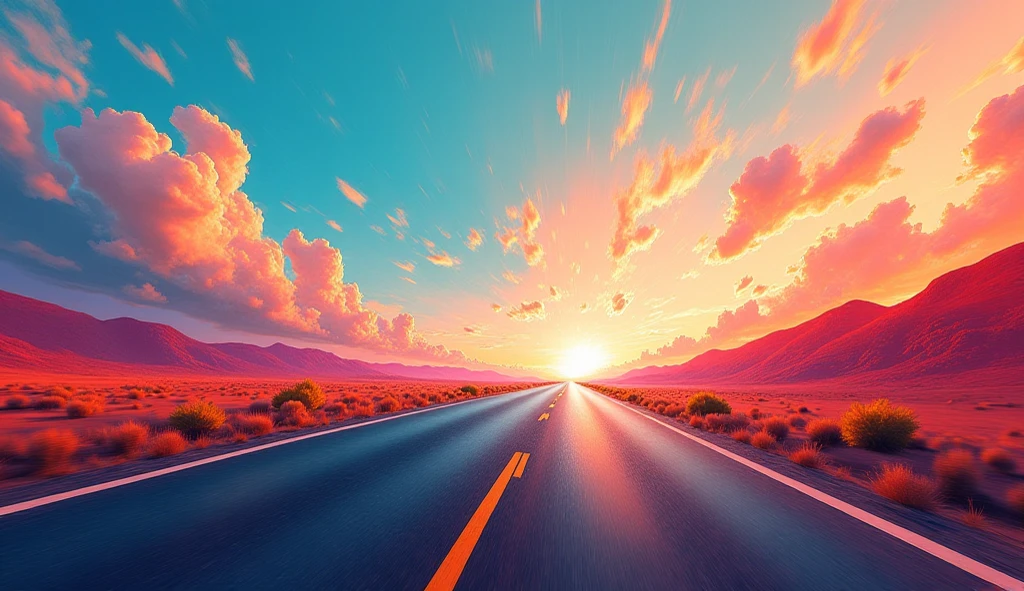 A wide, straight asphalt road leads to the island, behind which are golden mountains, the sun sets on the top of golden mountains, and there are colorful clouds in the distance. --auto --s2