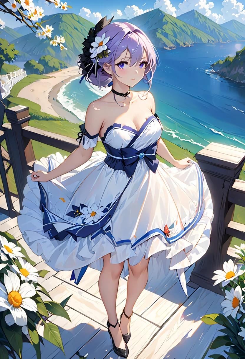 Super high quality illustrations、CG with attention to detail、God's Work、Cute Female Characters、breasts are small、Less exposure、Silver-haired shorthair、((completely hide one eye with hair))、Brown eyes、a choker、White magnolia flower hair ornament、White Dress、White sandy beach、the beach、Highly detailed official art