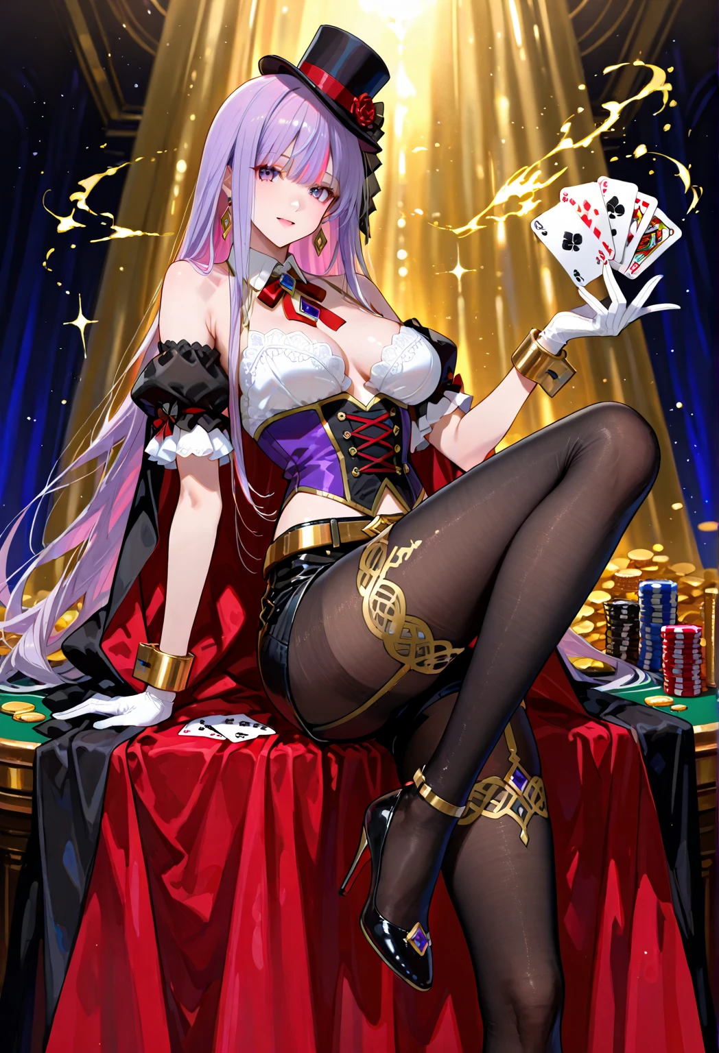 Beautiful images,Detailed Images,Official image,Casino Background,One Woman,Blonde,Red Eyes,Ponytail Hair,Model body type,(Dark Skin:1.3),Elf Ears,Large Breasts,(Black Bunny Girl Suit:1.1),Smiling Kindly