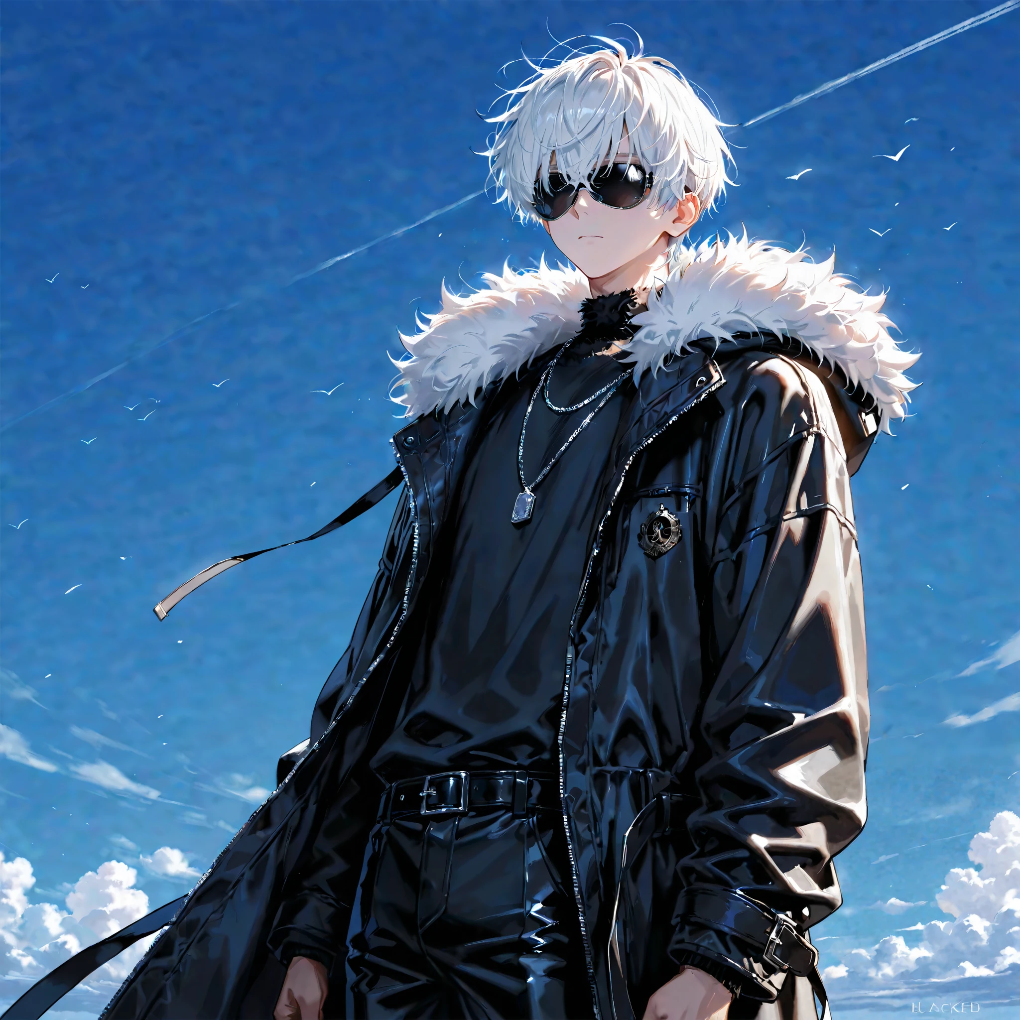 1male solo, white hair, messy hair, blacked out aviator glasses over eyes, silver necklace, expressionless, black shirt, black pants, big white coat with fur neck, daytime blue sky background