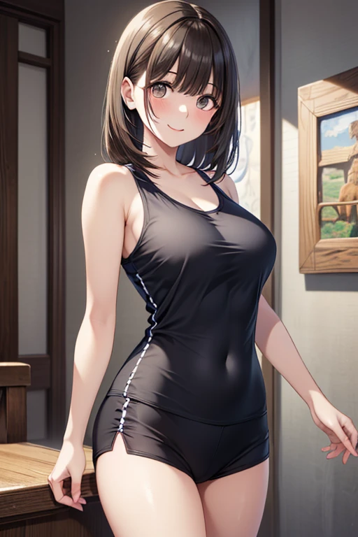 (Tabletop, Highest quality, High resolution, , Pixel perfect, 4K,), 1 girl, single, alone, Beautiful woman、I could see the whole body、 ((Wavy mid-length hair, bangs, Brown Hair)), ((Brown eyes, Beautiful eyelashes, Realistic eyes)), ((Detailed face, blush:1.2)), ((Smooth texture:0.75, Realistic texture:0.65, Realistic:1.1, Anime CG style)), Mid-chest, Dynamic Angle, Perfect body、((School Swimsuit.Black Stockings)), look up、A shy smile、Accentuate your breasts、Put your hands behind your back and push your chest out、)、Angle from below、locker room、Sitting on the floor、、
