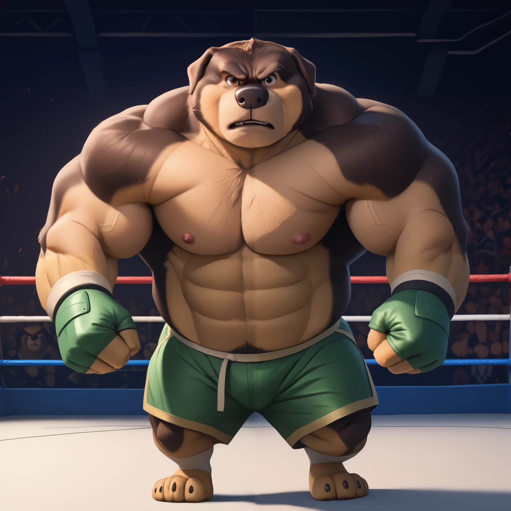 score_9, score_8_up, score_7_up, cartoon_style, ((by BodiPhant0m)), byBodiRDz, 4k, 8k, The best quality, very well drawn, detailed, high quality, detailed, 4k, high resolution, high quality, high resolution, Khampa, detailed, high quality, detailed, 4k, high resolution, high quality, high resolution, furry character, canine, 2d, solo, fighting arena background, rockdog, khampa, style rock dog, movie style, style[rockdog], rockdog, male, Tibetan mastiff, mastiff, dog boy, dog, khampa, Tibetan Mastiff with brown-and-tan fur with tan fur on his muzzle, hands, feet, black nose, brown eyes, middle aged, thick muscular, Height: 6'10", Weight: 358lbs, shirtless, wearing black MMA shorts with green colored slits, MMA fingerless gloves with green knuckle pads, fights,  