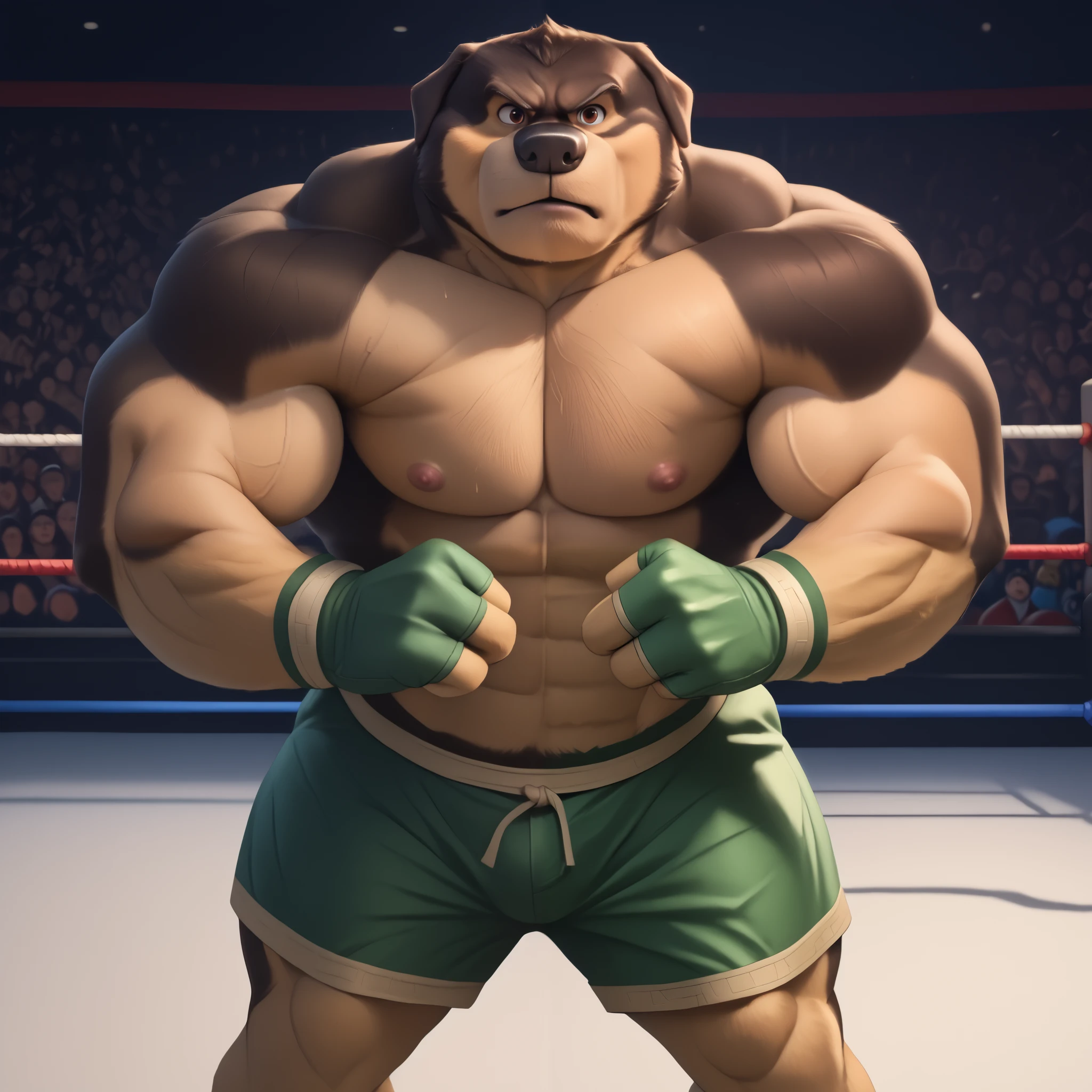 score_9, score_8_up, score_7_up, cartoon_style, ((by BodiPhant0m)), byBodiRDz, 4k, 8k, The best quality, very well drawn, detailed, high quality, detailed, 4k, high resolution, high quality, high resolution, Khampa, detailed, high quality, detailed, 4k, high resolution, high quality, high resolution, furry character, canine, 2d, solo, fighting arena background, rockdog, khampa, style rock dog, movie style, style[rockdog], rockdog, male, Tibetan mastiff, mastiff, dog boy, dog, khampa, Tibetan Mastiff with brown-and-tan fur with tan fur on his muzzle, hands, feet, black nose, brown eyes, middle aged, thick muscular, Height: 6'10", Weight: 358lbs, shirtless, wearing black MMA shorts with green colored slits, MMA fingerless gloves with green knuckle pads, fights,  