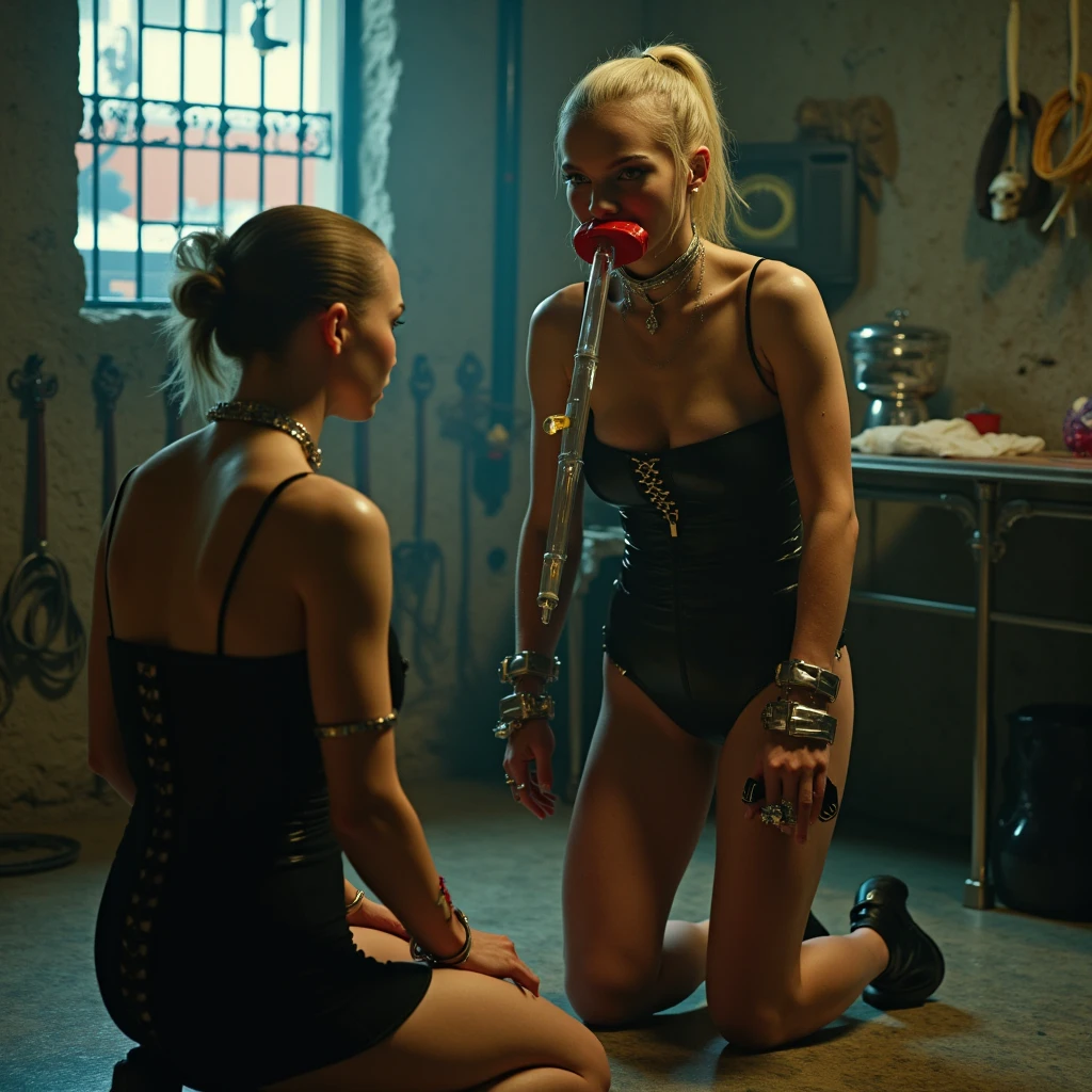 A guy named pink balls on the floor covered in blood while a woman is laughing in his face with bloody scissors 