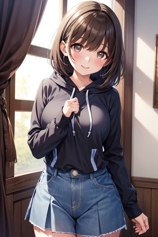 anegasaki nene、Shiny brown hair, short hair, (Beautiful brown eyes、Sparkling eyes, Fine grain)、smile、Ultra-detailed eyes、Very detailed顔, Very detailed目,
(One girl, alone, alone),, Very detailed, Soft indirect lighting, 4K, Perfect Eyes, Perfect Face, Perfect lighting, a. One girl)), ((Captivating look, Seduce, sensualizes, Excited)),
((mini denim shorts, stand up, Front view from bottom to top, sexy, Long Brown Hoodie, Thong Panties, Simple Background, sexy, erotic, stand up, upright posture, Provocative, Beggy's Background, diving)),
(((Recall, Backwards)))