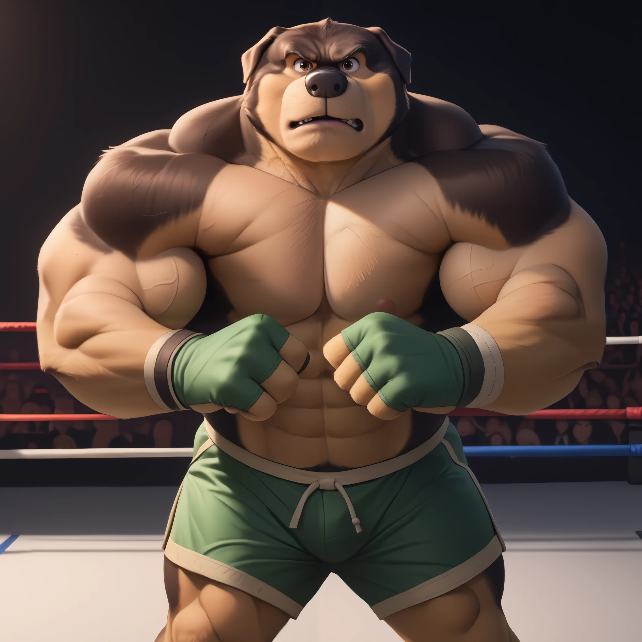 score_9, score_8_up, score_7_up, cartoon_style, ((by BodiPhant0m)), byBodiRDz, 4k, 8k, The best quality, very well drawn, detailed, high quality, detailed, 4k, high resolution, high quality, high resolution, Khampa, detailed, high quality, detailed, 4k, high resolution, high quality, high resolution, furry character, canine, 2d, solo, fighting arena background, rockdog, khampa, style rock dog, movie style, style[rockdog], rockdog, male, Tibetan mastiff, mastiff, dog boy, dog, khampa, Tibetan Mastiff with brown-and-tan fur with tan fur on his muzzle, hands, feet, black nose, brown eyes, middle aged, thick muscular, Height: 6'10", Weight: 358lbs, shirtless, wearing black MMA shorts with green colored slits, MMA fingerless gloves with green knuckle pads, fights,  