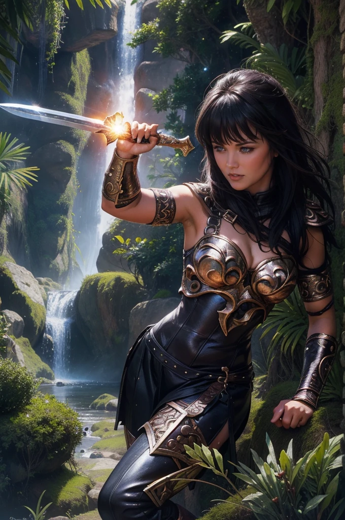 xena warrior princess,warrior,goddess,strong,brave,beautiful,determined,leather armor,sword,battle,war,powerful,ancient,fierce,noble,protector,defender,legendary,adventure,Mediterranean,lush greenery,epic,bold,mythical,valor,dark hair,intense gaze,strong-willed,war cry,mysterious background,heroic,inspiring,action-packed,mythical creatures,epic battles,mythical world,empowering,fearless,warrior queen,symbolic,universe of gods,magic powers(Vibrant colors),legendary weapon,luxuriant,ancient ruins,undying spirit,solar eclipse,lunar eclipse,divine lineage, painted art, digital art
