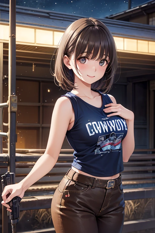 <lora:moralgear3-10:0.6>, 1girl, large breasts, smile, bob cut, black hair, blue eyes, mountain, outdoors, wide hips, t-shirt, short shorts, belt, headband