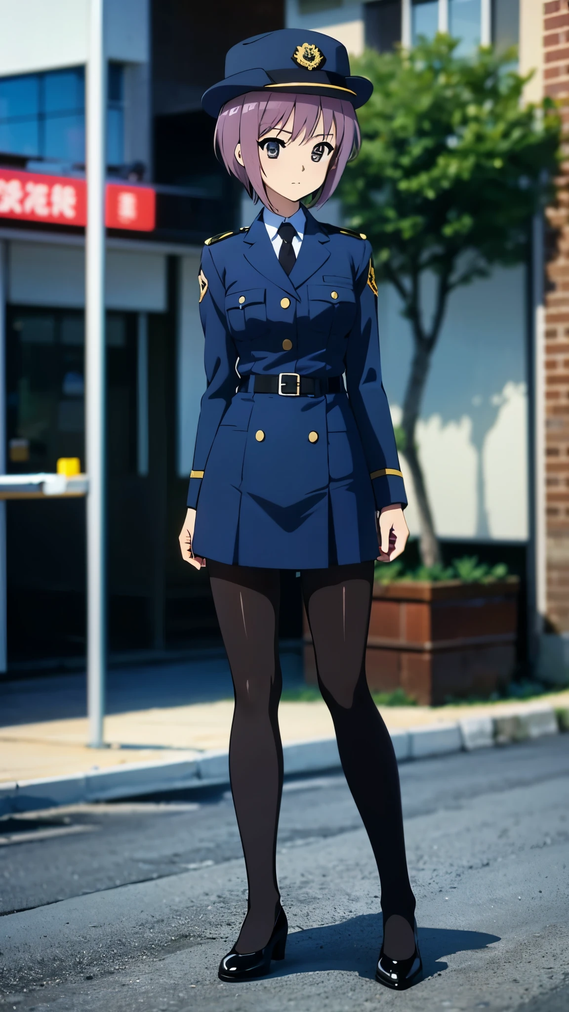 in city, anime style, 8k, ultra high res, wearing dark navy blue policewoman uniform, black pumps, black pantyhose, break, standing, full body shot,