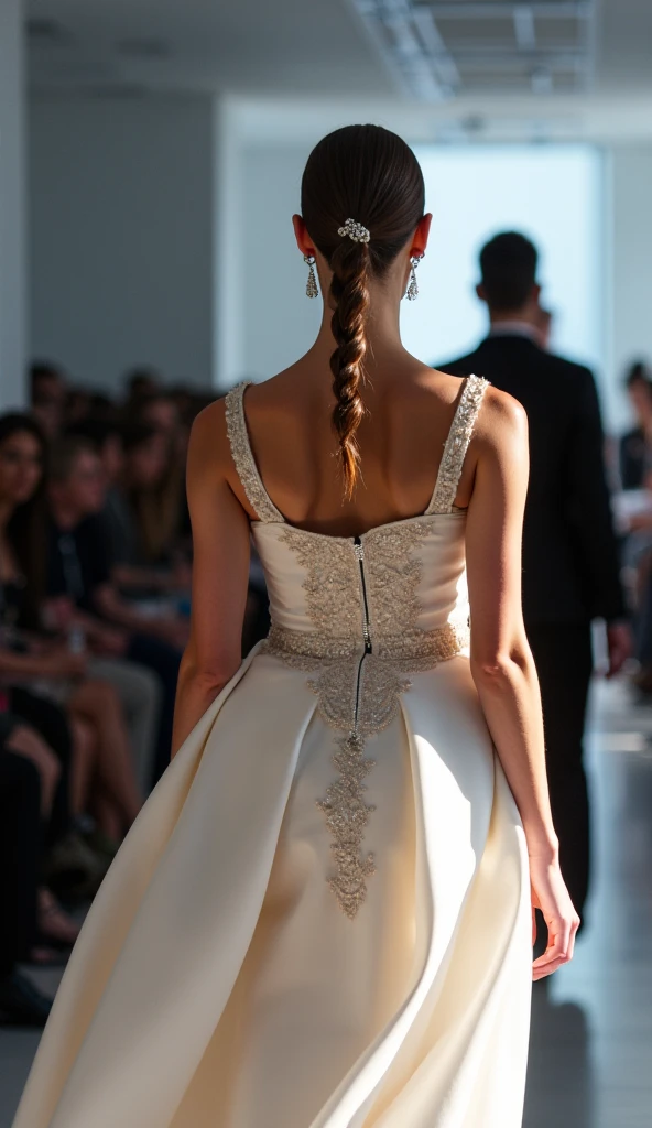 ((Best Quality)), ((Masterpiece)), (detailed), Perfect face, Blonde, long hair and thin in a sexy white dress, sleeveless dress, whole body. less on the back, in new york looking over your shoulder, empire state building at the bottom, people walking in the background,