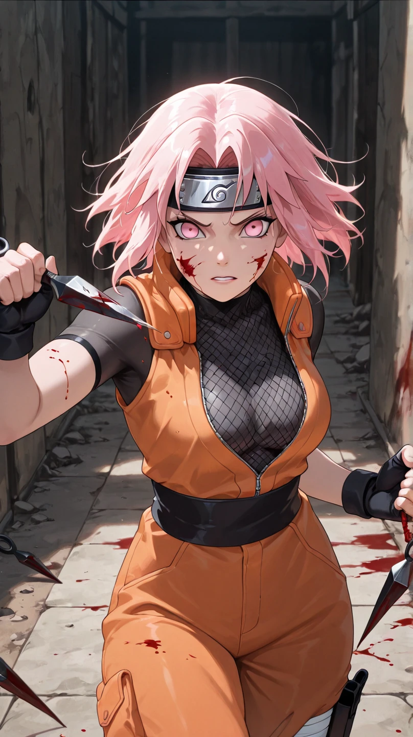 masterpiece, absurdres, sakura\(boruto\), 1girl, solo,mature female, perfect composition, detailed lips, big breast, beautiful face, body propotion, blush, (pink lips), long hair, green eyes, soft gaze, super realistic, detailed, photoshoot, absurdreest quality), (masterpiece),(ultra-detailed:1.2),(photorealistic:1.1),(highres), (injury:1.1),(blood:1.1), ((Akatsuki clothes: Long, flowing black cloaks with a vibrant red cloud motif symbolizing unity and a mysterious aura, paired with high-collared black shirts, black pants, and sturdy boots.)), (akatsuki outfit:1.1), labret piercing, Destroyed village background, upper body closeup