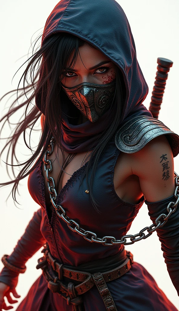 8K,Fantasia、Female ninja、complete ninja outfit、(Tight ninja clothes)、tight black skirt(ultra precise detailed)(Exposure of ninja clothes) (Masked Face)、leather straps. blue eyes.
exposed stomach, cleavage, sexy ninja
(Quick movement)、(stealth)、(mystical)、(arma)、(knifes)、(shuriken)、(daggers)、(short knife)、(shuriken)、(Graceful pose)、(dusk setting)、(Moonlit sky)、(Enchanting shadowagical aura))、(daring acrobatics)、(ninja star)、(Quiet footsteps)、(Highly skilled)、(dedicated warrior)、(invisible assassin)、(ninja headquarters)、(hidden passage)、(bamboo forrest)、(intricate-detail)、(secret glance)、
(impressive crimson eyes)、(Intense focus)、(epic battle scene)、(Mystical powers)、(rippling muscles)、(Fierce determination)、(Warrior spirit)、(exhilarating action、(top-quality、ultra-detailliert、hight resolution、physically-based renderingt:1.2)、(immersive lighting)、(vivd colour)、(Dynamic composition)、(​masterpiece)。Fantasyart、Female ninja、complete ninja outfit、(tight ninja uniform)、The  is a uniform、arma、lush bamboo forest,
a giant dragon follows behind her. pushing through the bamboo trees