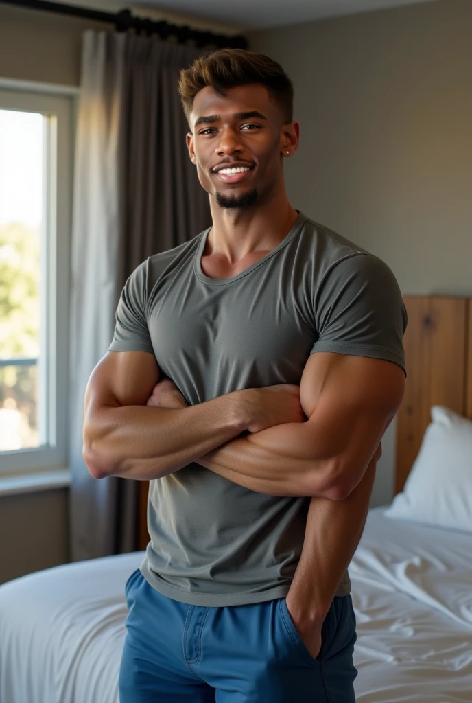 Thuggish, attractive 22-year-old black guy with a sexy grin.   The man's hair is shaved and neatly cropped.  His penis is 8 inches long when erect.  He is nude and has an erection.  He is standing by the bed in a woman's dorm room.
