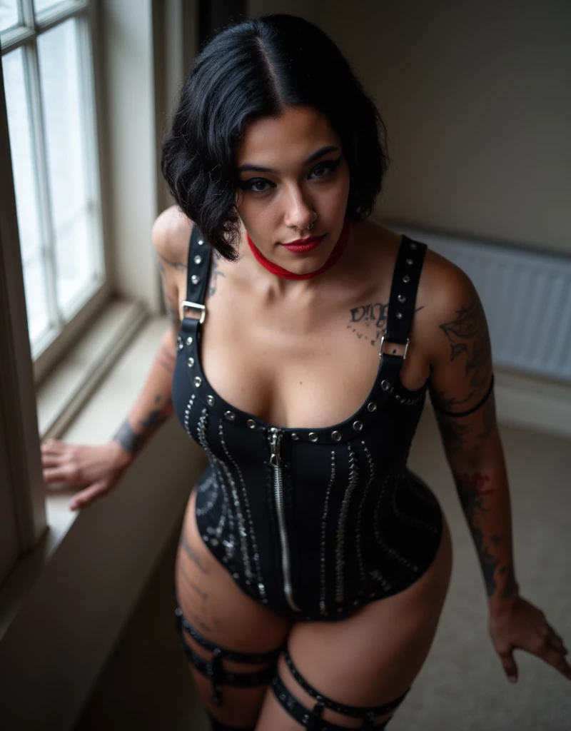 Stunning and curvaceous Samoan gothic girl with half shaved pink hair cut wearing a pink and black latex corset, Risky Pose, devilish smile in the bedroom of a gothic cathedral, tattooed, pierced, tanned skin, black makeup.