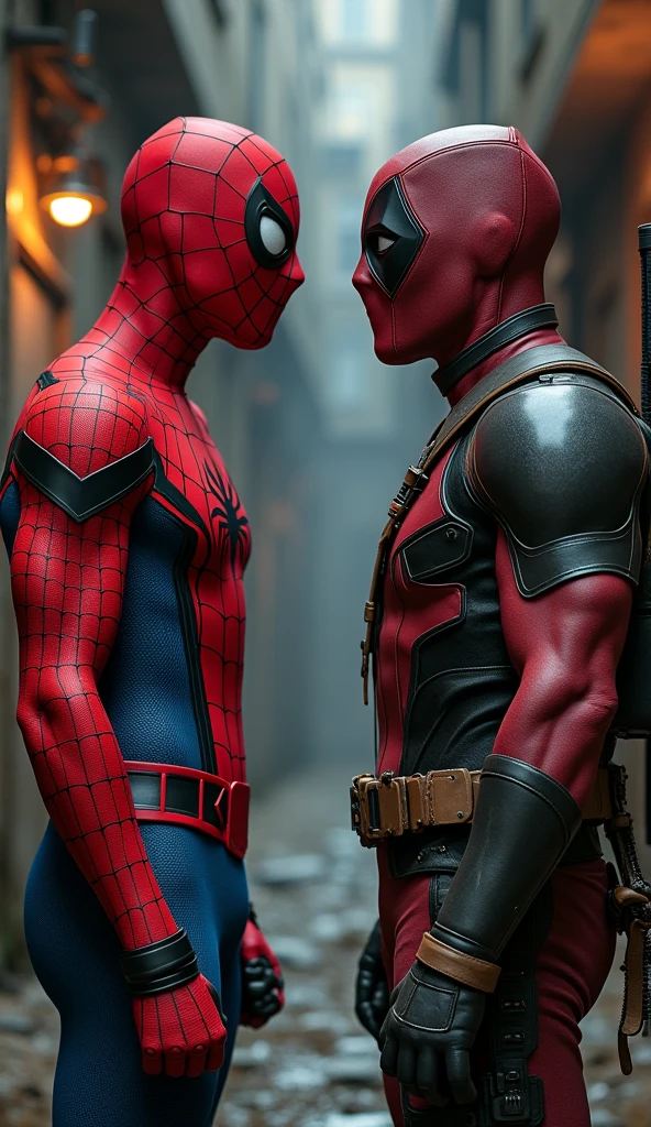 Spider man and Deadpool looking at eachothers eyes while spiderman holding sword to Deadpool throat and Deadpool holding the sword to Spider-Man throat