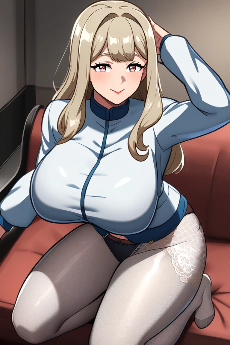 aged 30, Super detailed, a beautiful girl, playful and charming, tight sleeveless bunny suit is bright and colorful, Soft pastel colors, Timeless elegance and grace, chubby, milf, [gigantic], sitting on sofa in living room, volumetric lighting, looking down at viewer, bunny suit, pantyhose