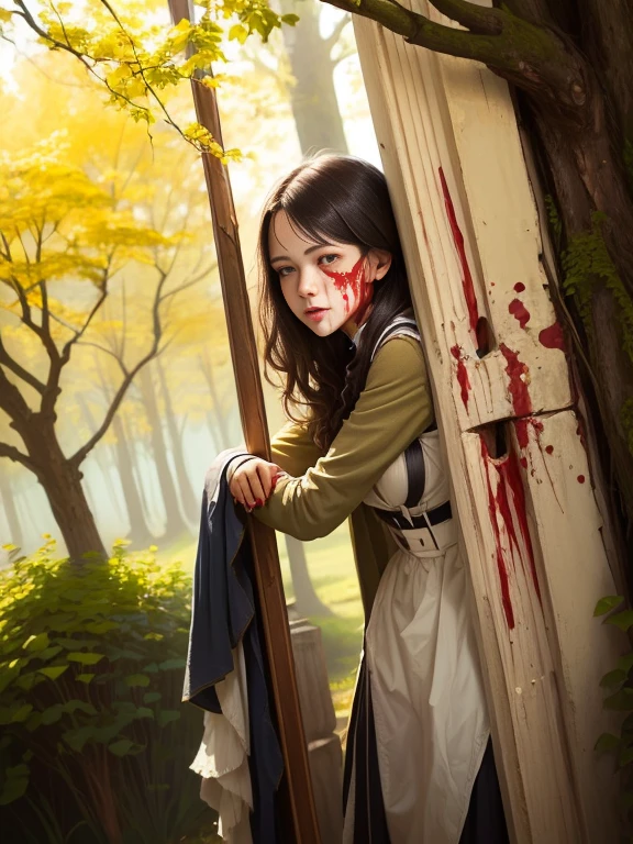 Kizi, ((Green eyes)), ((Long black hair),Red dress with white gauze, Young woman,Head down，His face turned pale，The expression is grim，terroral，lies on the ground，The injuries were serious，Lots of Blood，bleeding from the corners of her mouth，Orbital hemorrhage，Full body like，Faraway view，(Background with：A gloomy cemetery in ancient China)