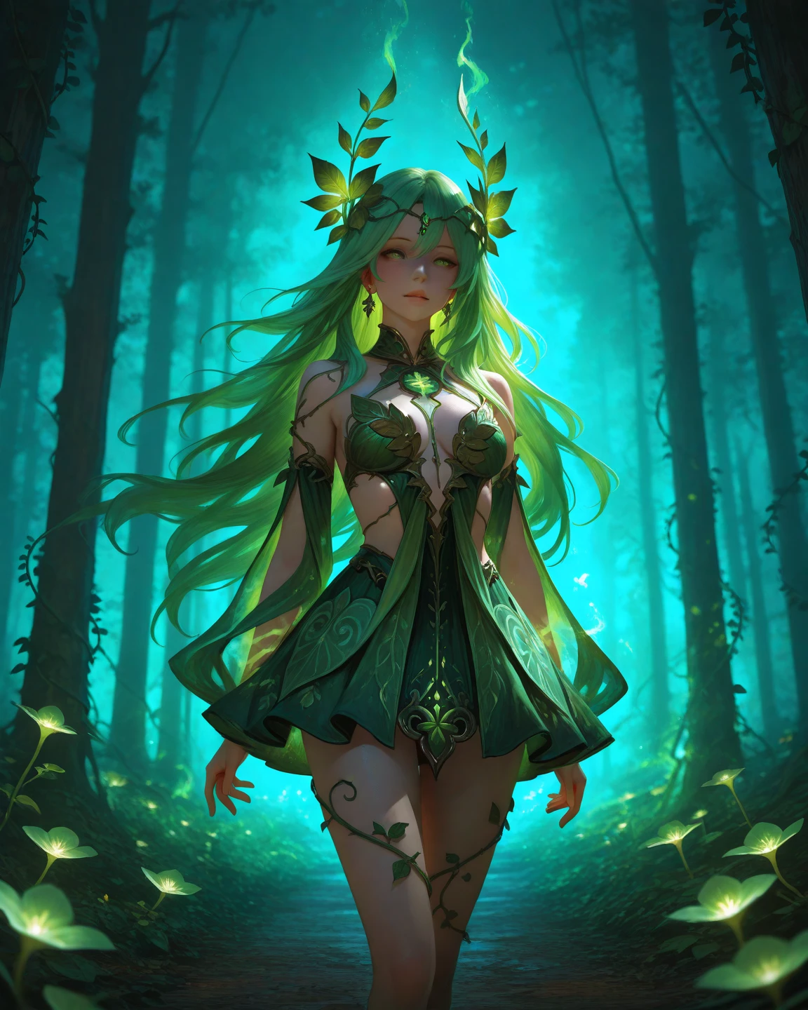 1 20-year-old girl, fairy princess, green clothes, nature clothes, nature panorama, sweet, beauty gril, twin sister.HD lighting and dark )<=(epic image quality)dark atmosphere with bright particle light(many effects in background).
