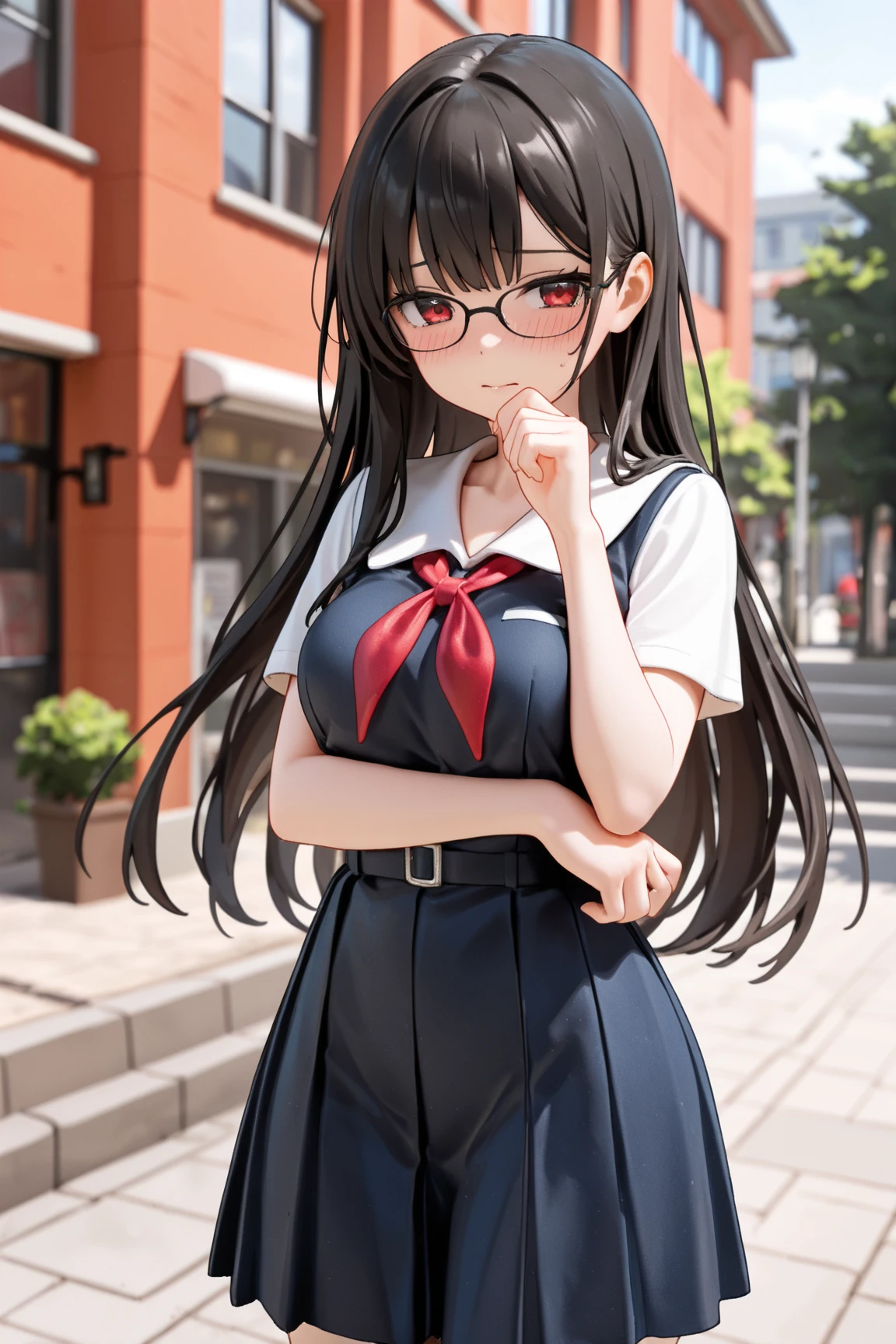 yuukikonno, Yuuki Konno, hair band, Long braids, Pointed Ears, Purple Hair, (Red eyes:1.5), (Small breasts:1.2),smile,blush, Open your mouth,Oversized T-shirt,Glasses,Long skirt,short boots,Walking,whole bodyがイラストに入るように,
break looking at viewer, whole body,
break outdoors, In town,
break (masterpiece:1.2), Highest quality, High resolution, unity 8k wallpaper, (figure:0.8), (Beautiful attention to detail:1.6), Highly detailed face, Perfect lighting, Highly detailed CG, (Perfect hands, Perfect Anatomy),