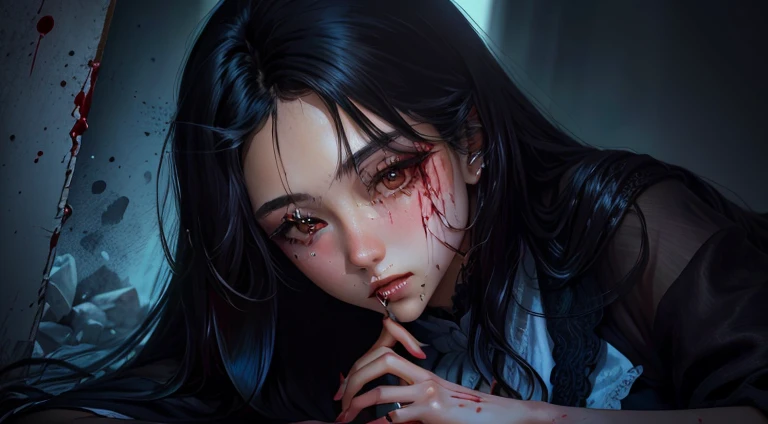 Highest quality, masterpiece, look up, cute,(Horror),(((Beautiful zombie girl))),(This girl is dead),Trying to bite,(((Bleeding,Injured))),(((Shedding tears of blood))),((口からBleeding)),((Covered in blood)),((I was bitten all over by zombies)),((Sexy)),(sexy),((Small breasts)),(Baby Face),(Middle school students),(((Masturbation))),((semen)),Beautiful Style,(((Lower body exposed))),((Pale skin)),(Sensual look),Embarrassed,Sexy表情,Expressions of delight,Crazy Smile,((Ahegao)),(Dark atmosphere),(Dark atmosphere,fear),((Dim lighting)),(On the bed)