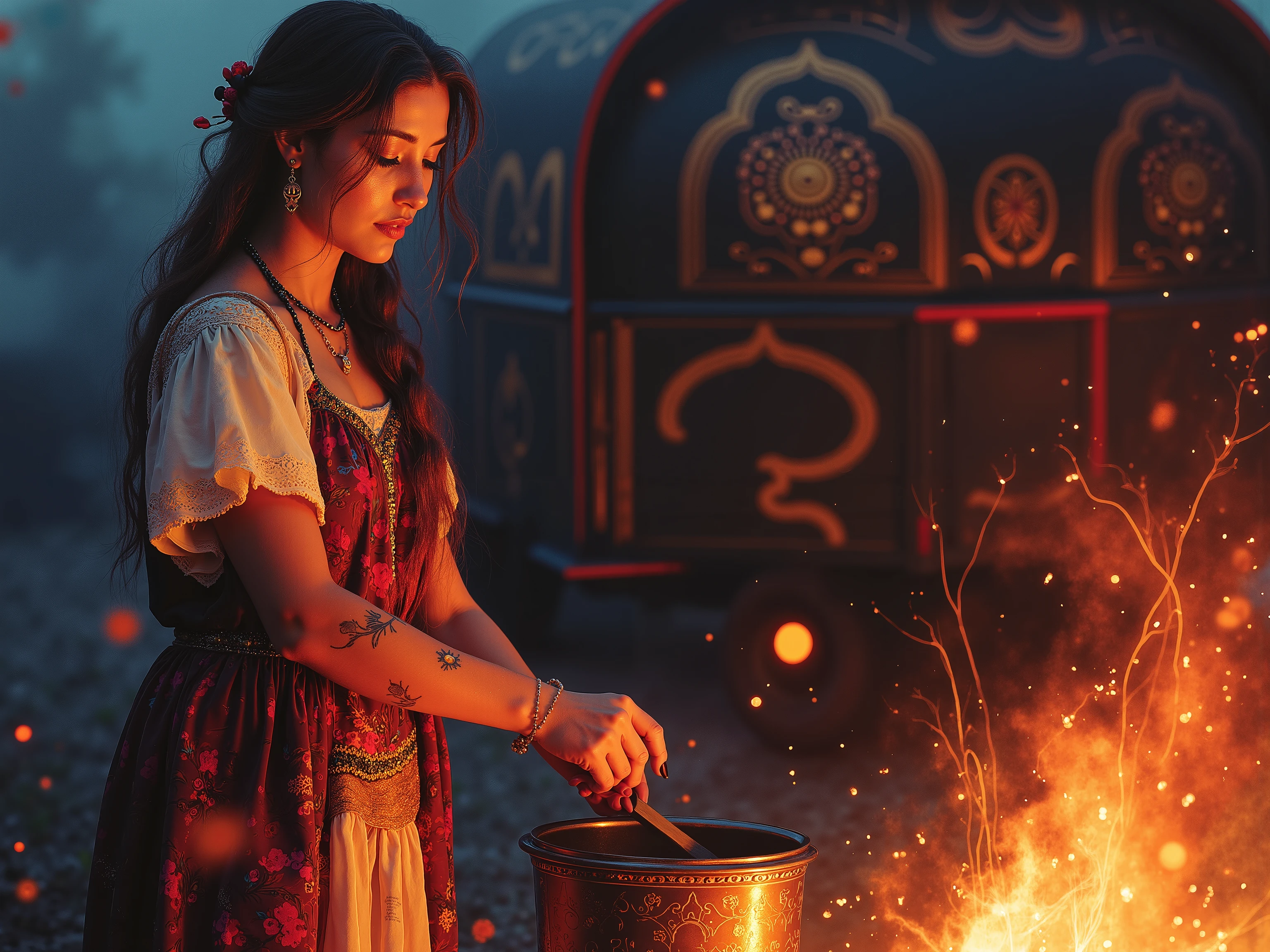 A woman with mahogany hair (partially braided) sings by a campfire, her hazel eyes catching the flames. Flower tattoos dance in the firelight as she stirs a copper pot. A painted wagon behind her shows Romani symbols. Warm tones, motion blur on embers, folklore aesthetic