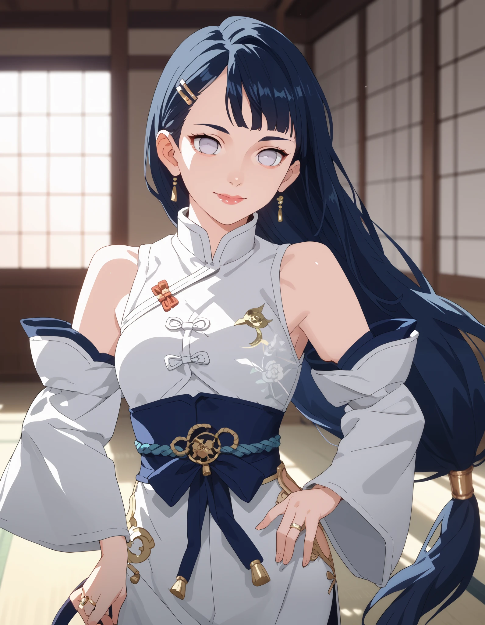 score_9, score_8_up, score_7_up, source_anime, anime_screencap, solo, 1girl, white eyes, big eyes, lips, smile, closed mouth, dark blue hair, very long hair, low-tied hair, white clothes, gray details, chinese style, bangs pinned back, detached sleeves, jewelry, golden ring, finger ring, medium full shot, dojo, hairclip, medium breasts, ribbon thigh, sidelocks