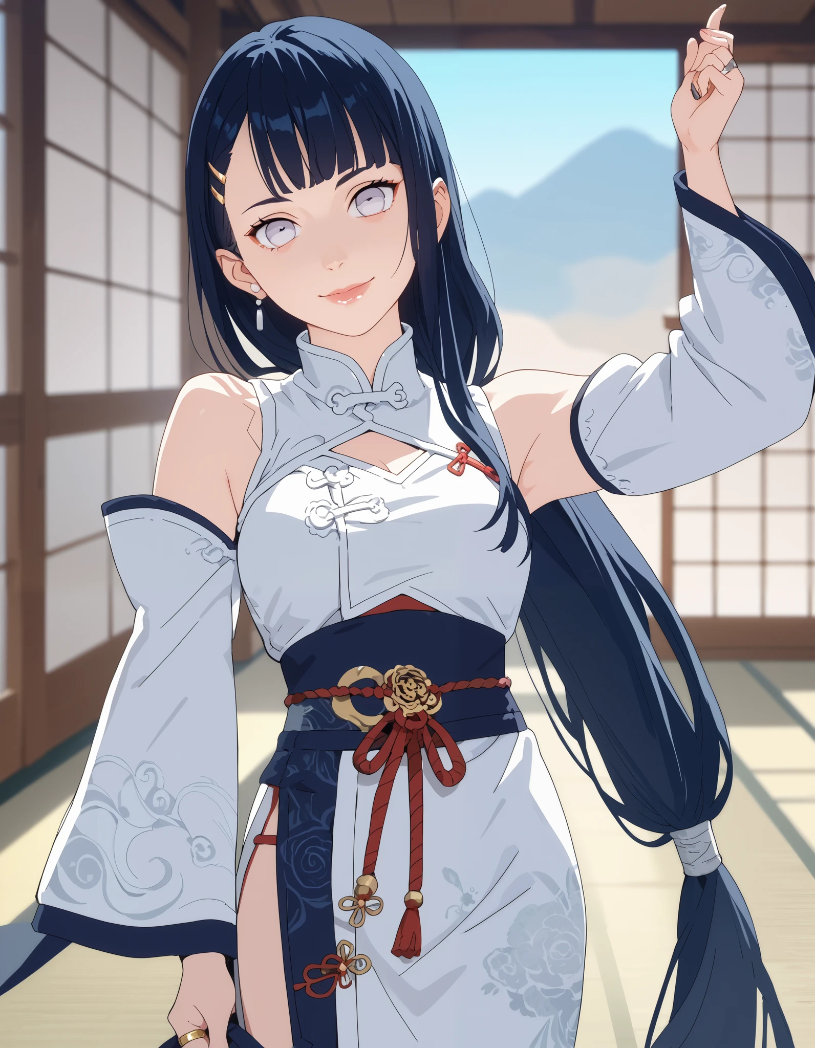 score_9, score_8_up, score_7_up, source_anime, anime_screencap, solo, 1girl, white eyes, big eyes, lips, smile, closed mouth, dark blue hair, very long hair, low-tied hair, white clothes, gray details, chinese style, bangs pinned back, detached sleeves, jewelry, golden ring, finger ring, medium full shot, dojo, hairclip, medium breasts, ribbon thigh, sidelocks