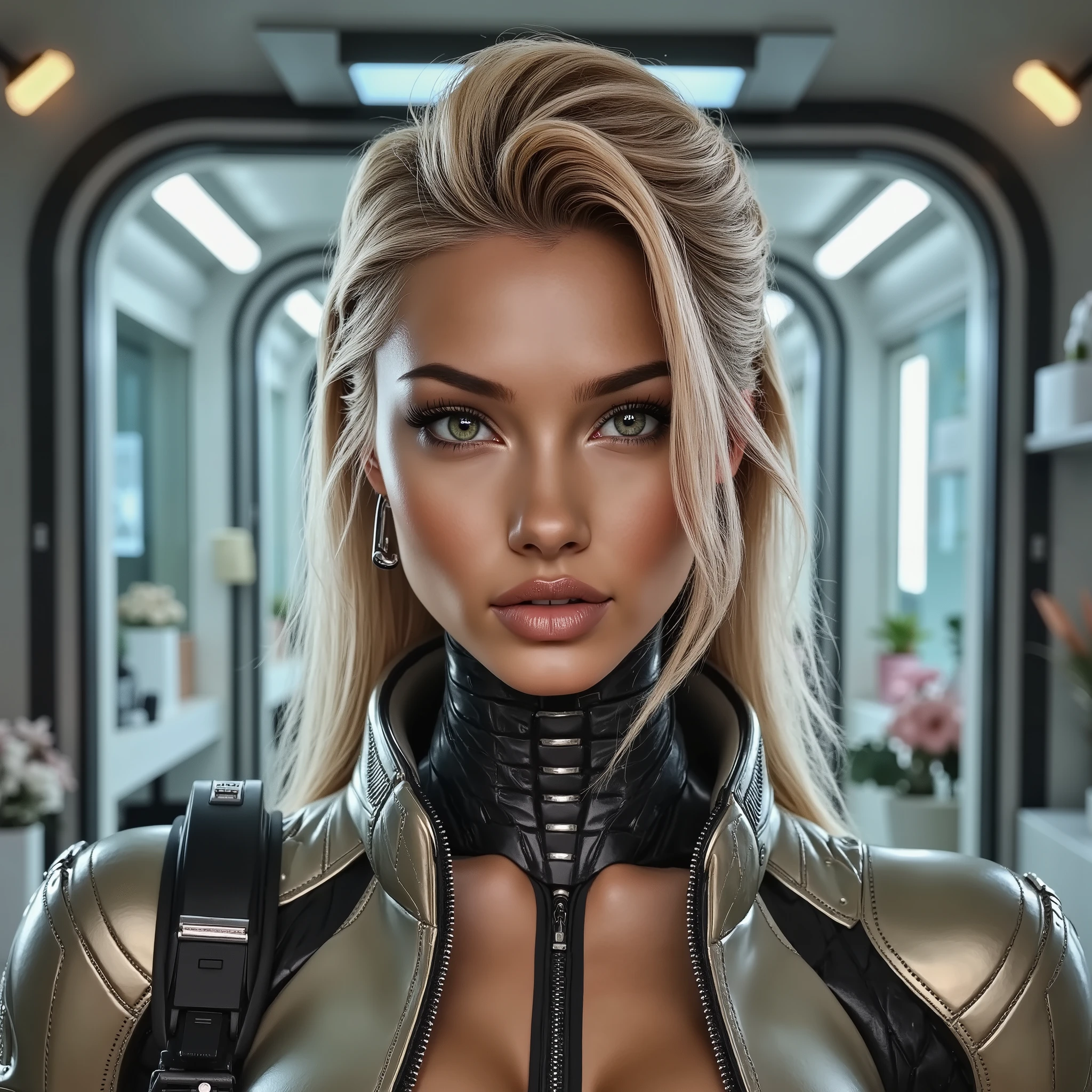 A cyborg woman with pulled back hair, in the center of a futuristic background, bathed in soft, even light. Her proportional and detailed face, with piercing eyes, gazes directly at the viewer, exuding an air of mastery. The medium body portrait showcases her sexy physique, while the day time lighting accentuates her striking features. The overall effect is a true masterpiece, boasting best quality visuals that draw the viewer in.