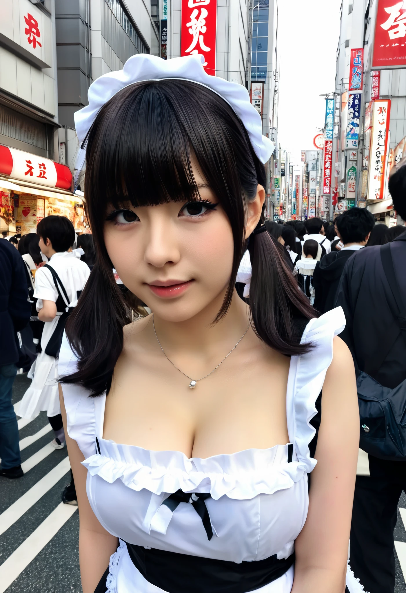 ((Vile))Japanese 1 ０Teenage female model,maid cosplay,bangs, super breasts,depth of field, Akihabara Pedestrian Paradise ,photo taken with iPhone,(crowd)