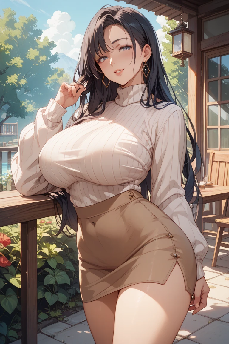 Realistic and detailed image of an elf dressed in a sweater without cleavage. She has long wavy black hair. Turquoise eyes. She has earrings, long eyelashes. She has large breasts, slim waist, wide hips and thick thighs. She is with her legs raised, legs open, crying, mouth open, face of pleasure. View of vagina, view of ????, arched back. There is a garden with flower petals falling around her.