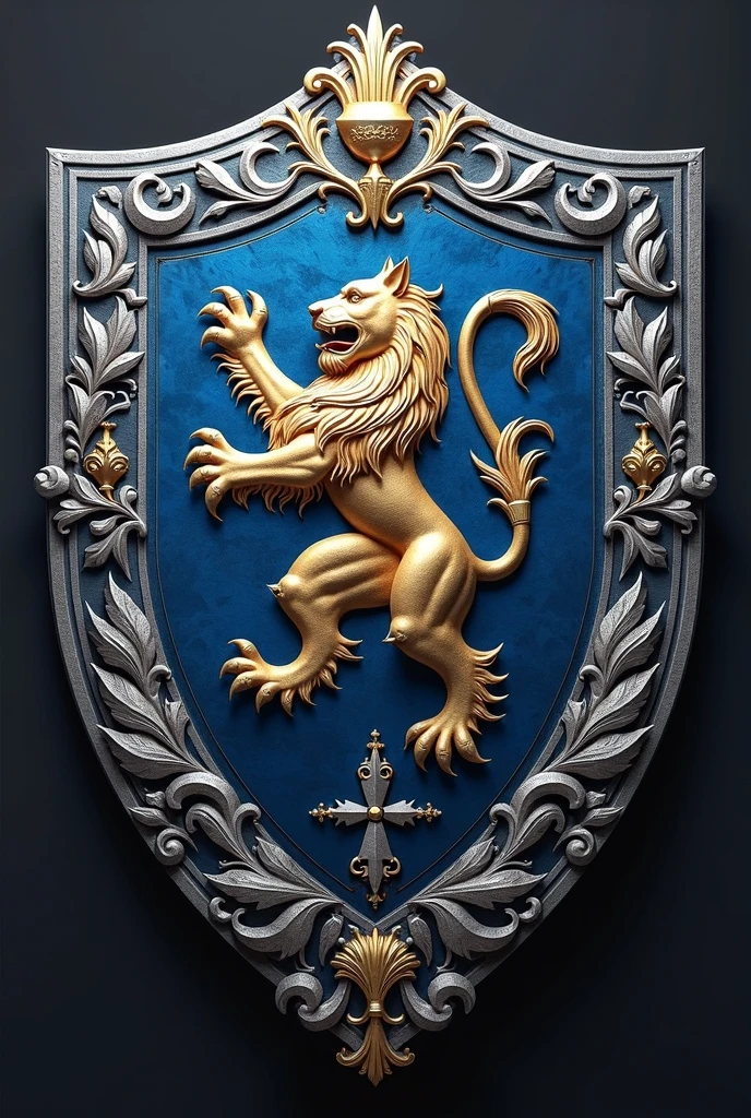 Medieval Armenian Persian style heraldic shield in blue and silver made of silver with the icon of a white lion in the middle, Laurels on the sides and the icons of family trophies and awards